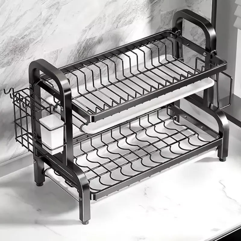 2-Tier Compact Kitchen Dish Rack with Utensil Holder