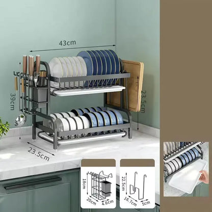 2-Tier Compact Kitchen Dish Rack with Utensil Holder