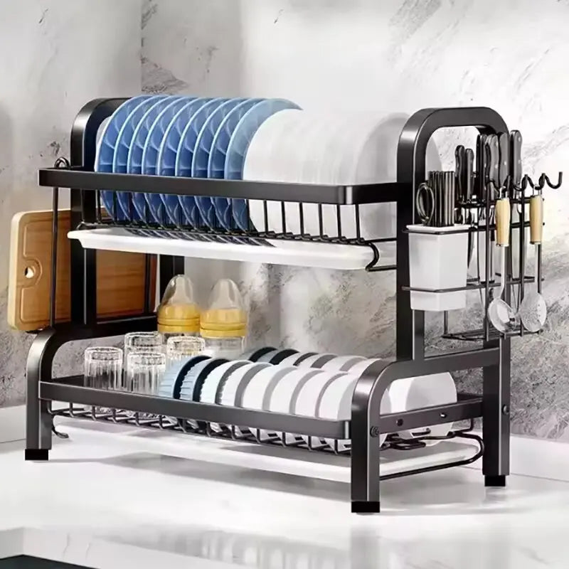 2-Tier Compact Kitchen Dish Rack with Utensil Holder